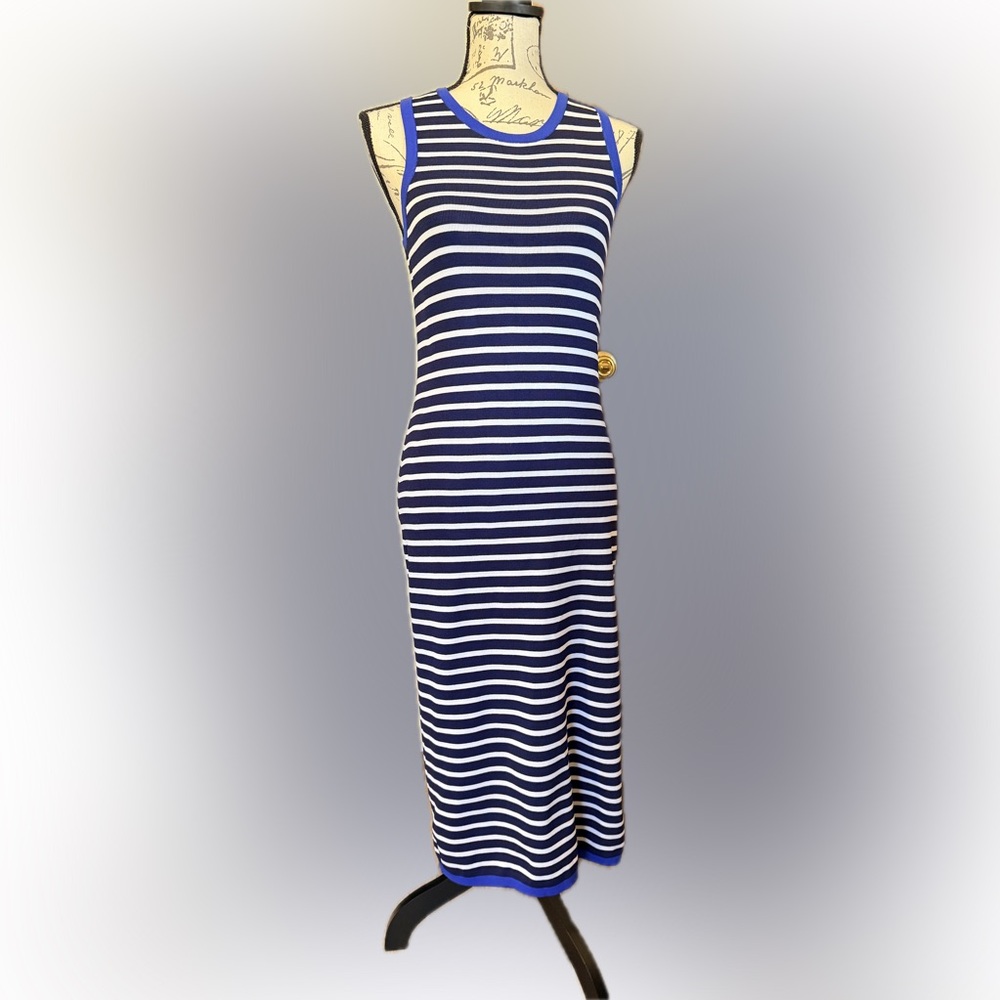 Michael Kors Navy and White Striped Maxi Dress with Electric Blue Trim